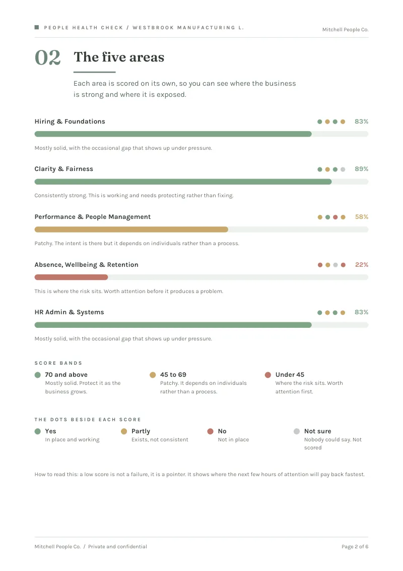 Sample client report page: the five areas, each scored with a sentence on what the score means