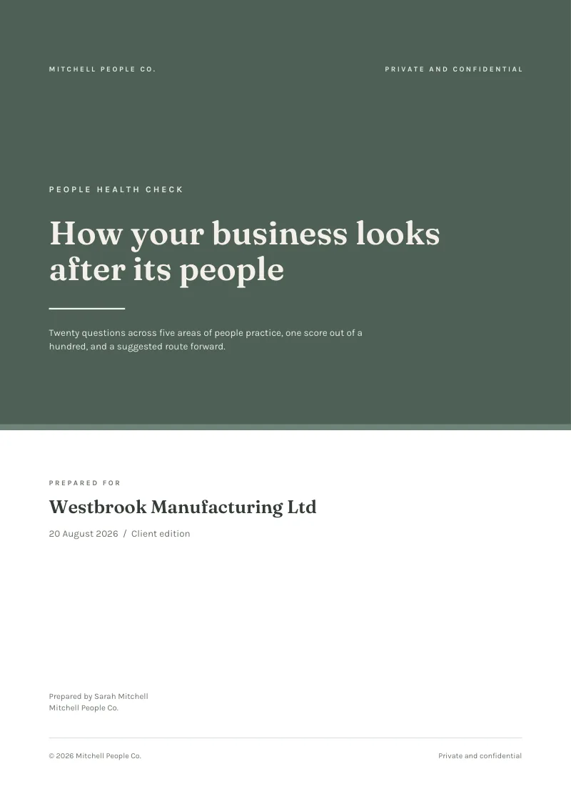 Sample client report cover carrying the consultant's name and consultancy