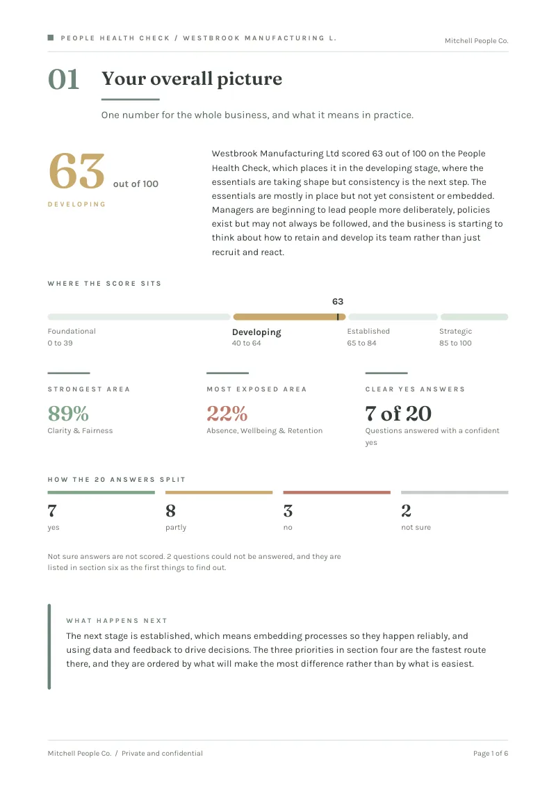 A real page from the sample People Health Check client report: the overall score out of 100, where it sits and how the answers split