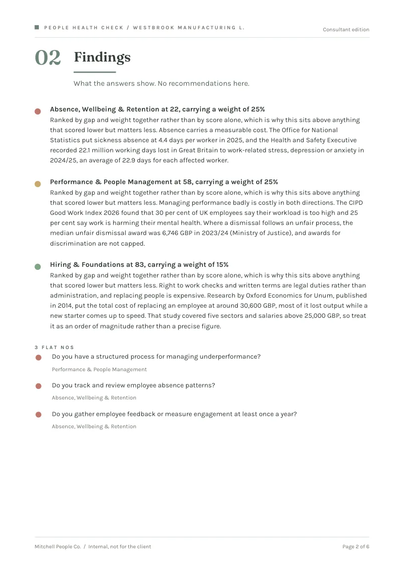 Consultant edition page: the findings, stated plainly, with no action plan