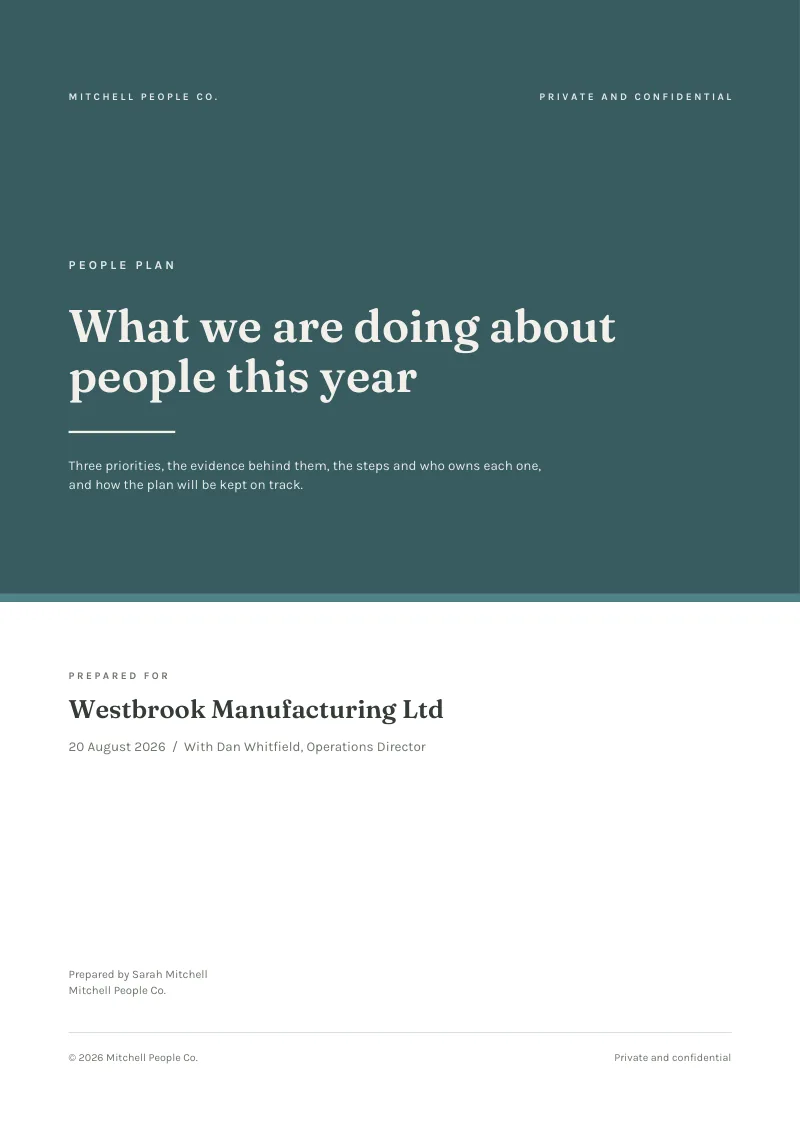 The cover of a sample People Plan, carrying the consultant's name and consultancy