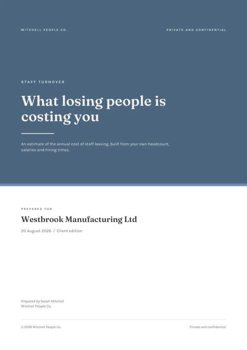 The cover of the sample Staff Turnover client report, carrying the consultant's name and consultancy